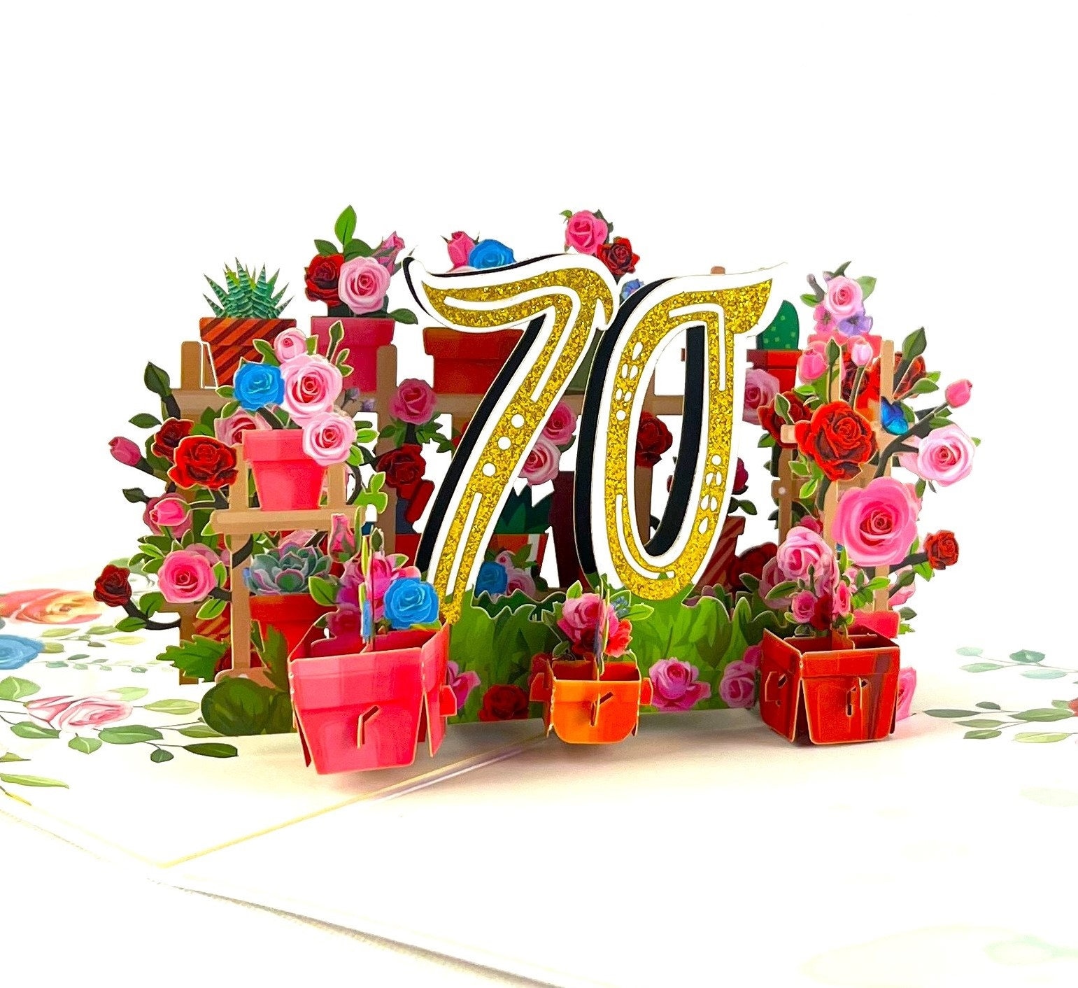 Handmade 3D popup card 70th 70 Birthday rose cake candle garden pots