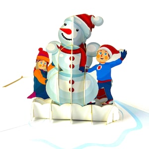 Handgemaakte 3D pop-up kerstkaart Merry Christmas sneeuwpop kinderboom seizoensgebonden begroeting