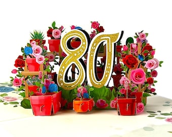 Handmade 3D popup card 80th Birthday rose cake candle garden pots 80