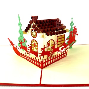Handgemaakte 3D pop-up kerstkaart cottage boom gelukkige kerstcadeaus