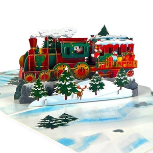 Carte de Noël pop-up 3D Joyeux Noël Père Noël train neige voeux
