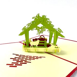 "Handgemachte 3D Pop Up Karte ""Weihnachtskarte"" - Weihnachtskrippe Weihnachtsgrüße Jesuskind Joseph Maria Feier Krippe Engel Schäfchen Esel."