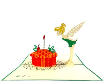 Handmade 3D pop up birthday card Tinkerbell cake kid greetings