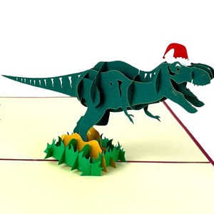 Carte popup 3D faite main, dinosaure de Noël, carte de voeux de fête de Noël