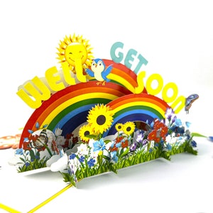Carte pop-up 3D faite main Bon rétablissement Carte de célébrations fleurs arc-en-ciel papillon soleil