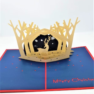 Handmade 3D pop up Xmas card Merry Christmas reindeer forest snowflakes