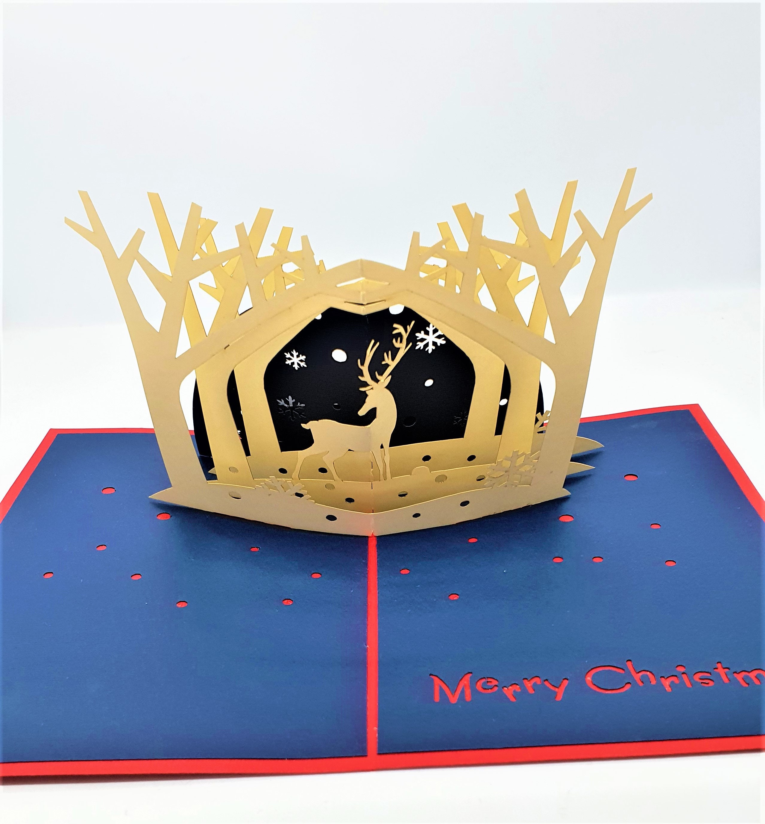 Handmade 3D Pop up Xmas Card Merry Christmas Reindeer Forest Snowflakes ...