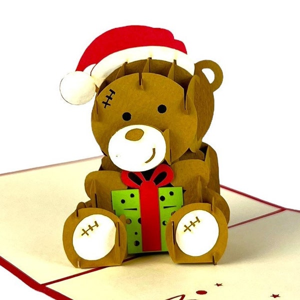 Handmade 3D popup Xmas card Merry Christmas Teddy Bear greeting