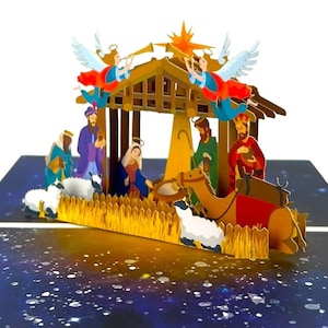 Carte pop-up 3D faite main Carte de Noël Nativité Salutations saisonnières bébé Jésus Saint Joseph Maria célébrations crèche ange mouton âne