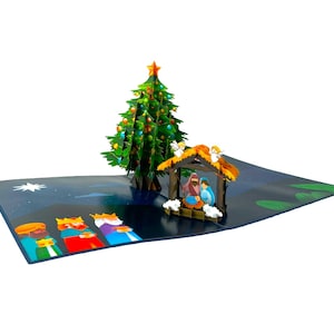 Tarjeta emergente 3D hecha a mano Tarjeta de Navidad Natividad saludos de temporada bebé Jesús San José María celebraciones pesebre ángel oveja burro