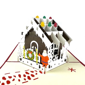 Handgemaakte 3D pop-up kerstkaart Santa Claus snoephuis leeg huisje