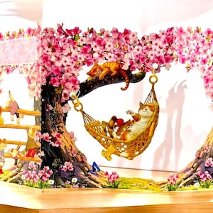 Carte popup 3D, chat sur la balançoire, anniversaire, fête des mères, animal de compagnie, salon, maison