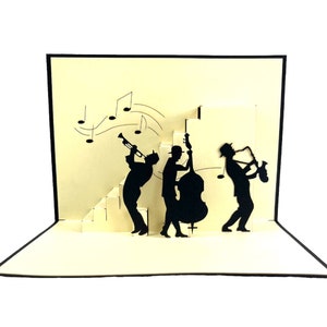 Auteursrechten Geregistreerd, handgemaakte 3D-pop-upkaart muzikanten muziek concert jazz live band