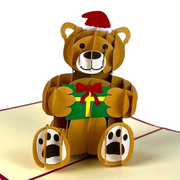 Handmade 3D popup Xmas card Merry Christmas Teddy Bear greeting