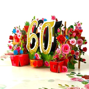 Carte popup 3D faite main 60e anniversaire gâteau rose bougie pots de jardin