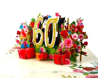 Handmade 3D popup card 60th Birthday rose cake candle garden pots