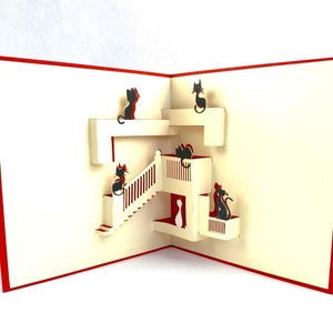 3D Popup Karte, Katze auf Treppe Geburtstag Muttertag Jahrestag Haustier Wohnzimmer Haus