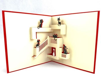3D popup card, cat on stairs birthday mother's day anniversary pet living room house