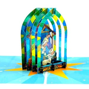 Carte pop-up 3D faite main Carte de Noël Nativité voeux saisonniers bébé Jésus Saint Joseph Maria célébrations crèche ange vitrail