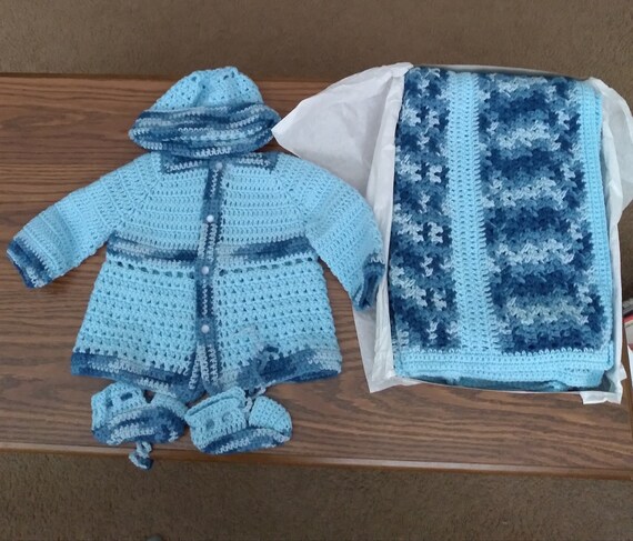 Hand Crochet Baby Blanket w/ sweater,cap and booties Blue 