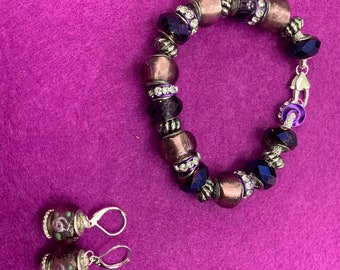Rosey Purple Beaded Bracelet and Matching Earrings