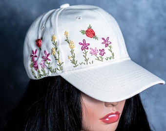 Hand Embroidered Hat, Floral Embroidered Cap, Vintage Hat for Woman, Embroidered Baseball Cap, Birthday Gift, Floral Summer Hats