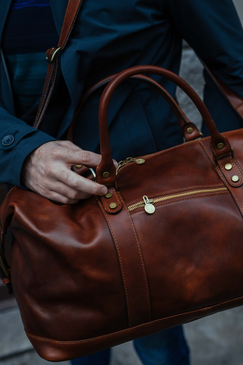 Grand sac de voyage en cuir, sac polochon en cuir, sac de week-end, sac polochon, sac de voyage en cuir, sac de voyage cabine, polochon marron, sac de sport image 3