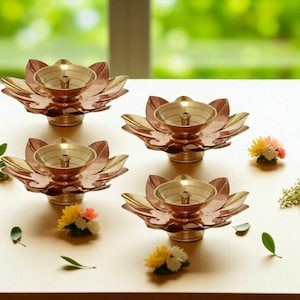 Brass Copper lotus Diya/Deepam | Return Gifts, Events, Festivals, weddings, Puja | Akhand Diya Kamal Patti Diya Brass Table Diya (Pack of 2)
