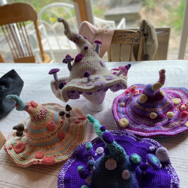 TWISTED TOADSTOOL HAT - mushroom, crochet toadstool, ruffles, handmade, acrylic, witchy, fairy, fantasy crochet wear, festival hats
