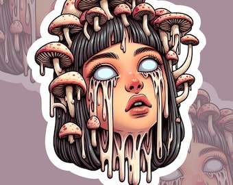 Drippy melting wax mushroom girl, vacant white eyed girl, mycology, mushrooms, melty, black haired girl, spooky, creepy, halloween sticker