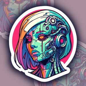 Cyborg Woman, Cyberpunk, Futuristic, Cybernetic Girl, Abstract, Sci-Fi, Android, AI, Dystopian, Techno, Teal, Orange, Pink, Vinyl Sticker