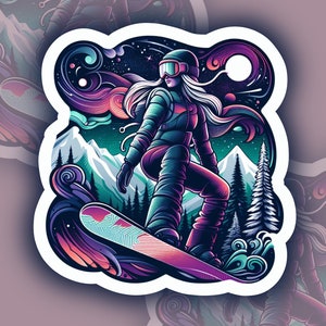Mujer haciendo snowboard, escena de montaña, abstracto, artístico, celestial, colorido, azul, rosa, montañas, árboles, snowboard, pegatina de vinilo