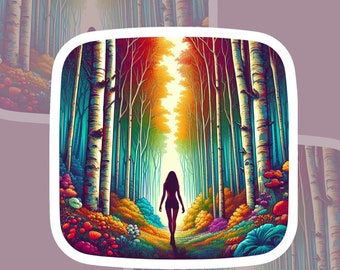 Vivid Rainbow hiking woman sticker, Aspen forest trail, Vibrant flowers, colorful mountain hiking scenery, woman walking into the light