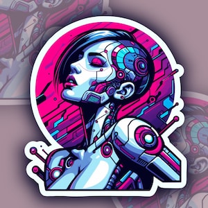 Cybernetic Girl, Cyborg Woman, Cyberpunk, Futuristic, Sci-Fi, Android, AI, Dystopian, Techno, Abstract, Blue, Pink, Vinyl Sticker
