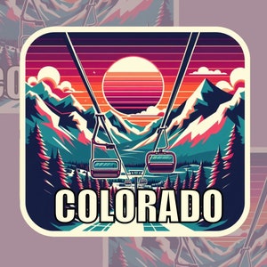 Vivid Colorado mountain town, Ski lift, Ski slopes, Vibrant sunset sunrise, Pink, Purple, Blue, Orange, Rainbow Colorado sticker