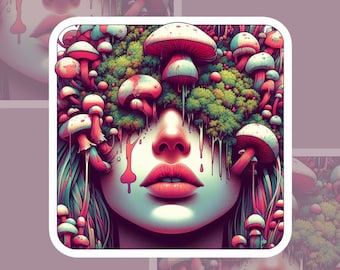Surreal Mushroom Girl Sticker: Spooky Halloween Vinyl Decal