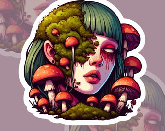 Creepy mossy mushroom girl, Mushroom growing from face, Amanita mushroom, Mycology, Green, Blue, Red, Fungus, Dripping sticker