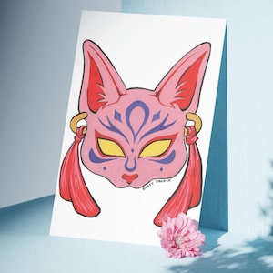 Pink Kitsuni Maske Originaldruck, Fuchs Maske, Japanische Folklore Druck, 13x18, 8.5x11, Kitsune Wanddekoration, Anime Wandkunst, Pink Fox Spirit