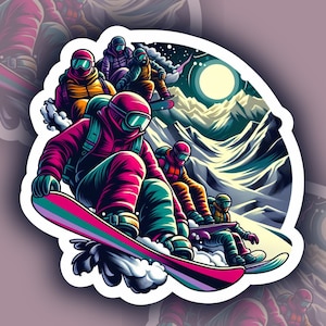 Snowboard, Escena de Montañas, Abstracto, Artístico, Celestial, Colorido, Azul, Rosa, Montañas, Snowboarders, Luz de Luna, Vinilo Pegatina