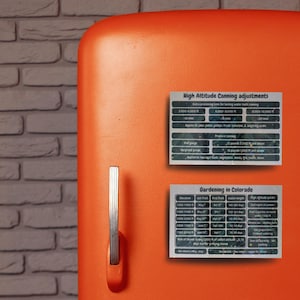 Puede incluir: Una puerta de refrigerador naranja con un asa plateada y dos tarjetas informativas. La tarjeta superior dice "High Altitude Canning adjustments" y la tarjeta inferior "Gardening in Colorado".