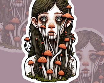 Creepy pale mushroom girl, dark haired melting girl, mossy, mushrooms, mycology, amanita sticker, dripping mushroom girl sticker