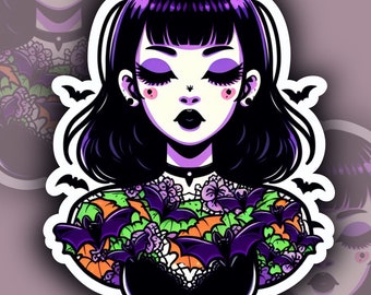 Goth Girl, With Black Hair, Gauges, Bats, Anime Inspired, Black, Purple, Green, Orange, Spooky, Creepy, Witchy, Halloween, Vinyl Sticker