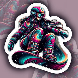 Snowboarding Woman Vinyl Sticker: Abstract Celestial Design