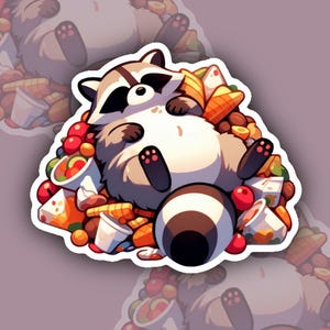Pegatina de mapache regordete comiendo: lindo panda de basura, ilustración de animal amante de la comida, adorable calcomanía de mapache de dibujos animados, vibraciones salvajes, coma alimentario