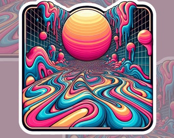 Psychedelic wavy melty square sticker, Vivid colored orb and waves, Melty psychedelic graphic, Free your mind, 70's style graphic sticker