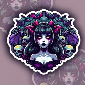 Goth Girl, With Black Hair, Vampire, Bats, Anime Inspired, Black, Purple, Pink, Skulls, Spooky, Creepy, Witchy, Halloween, Vinyl Sticker