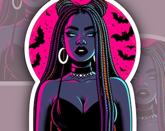 Vampire Black Woman Sticker – Dreadlocks and Neon Aesthetic, Hot Pink Background with Blue Accents, Unique Illustration, Bats, Neon Pink
