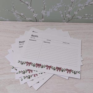 Red bow garland recipe card set - set of 10 holiday recipe cards, perfect for christmas baking recipes to share, merry & bright recipe cards