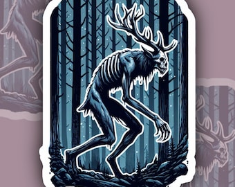 Wendigo in the woods blue sticker, Cryptid sticker, Spooky, witchy, forest sticker, folklore sticker, creepy, haunted forest, trees