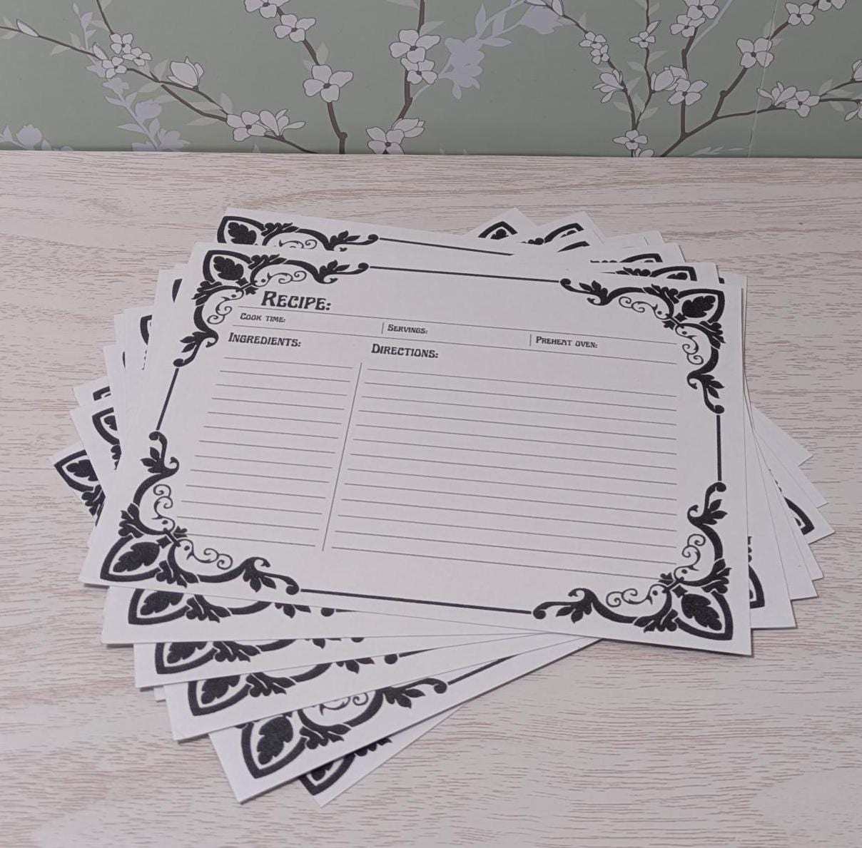 Cottagecore black gothic filagree recipe card set of 10- fancy medieval renaisance recipes